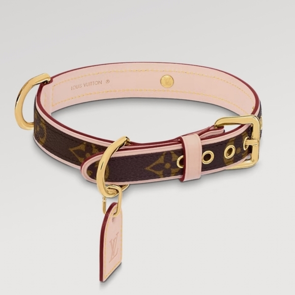 LOUIS VUITTON Brown Gold LV Monogram Canvas Baxter Tag 18" Dog Choker Collar NIB - Picture 2 of 16
